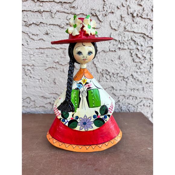 VTG Mexican Folk Art Doll-Big Eyes Papier Mâché Figurine-Hand Painted 60s–70s